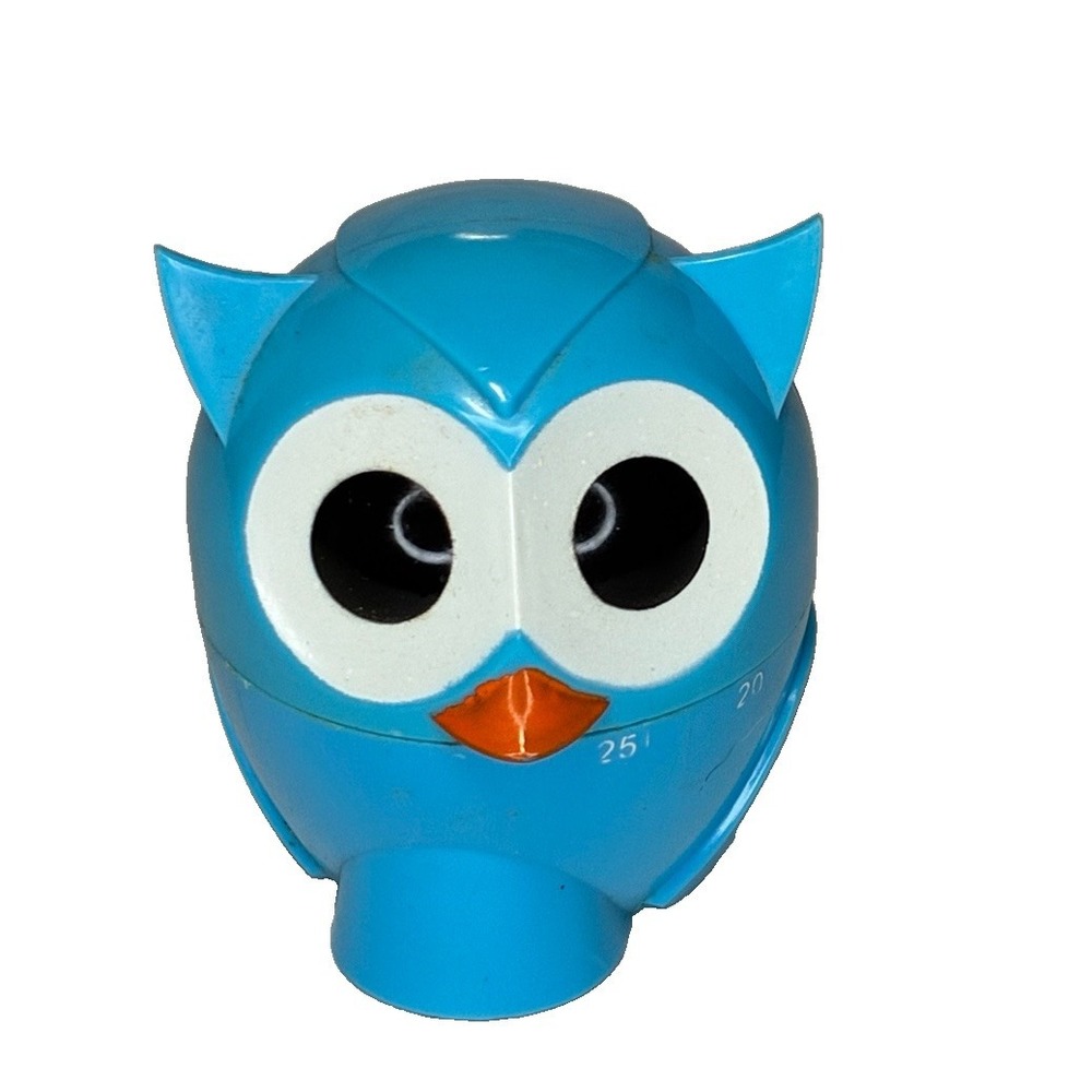 Retro Blue Whimsical Owl Kitchen Timer Mechanical Wind Up Small Cooking Tool
